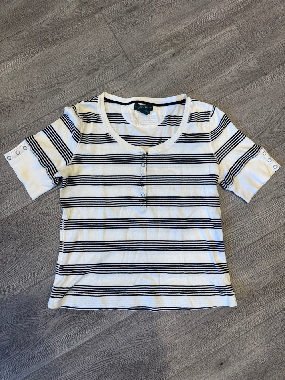 Vintage Ralph Lauren Striped Henley Short Sleeve Top - Black & White Sz LP F7